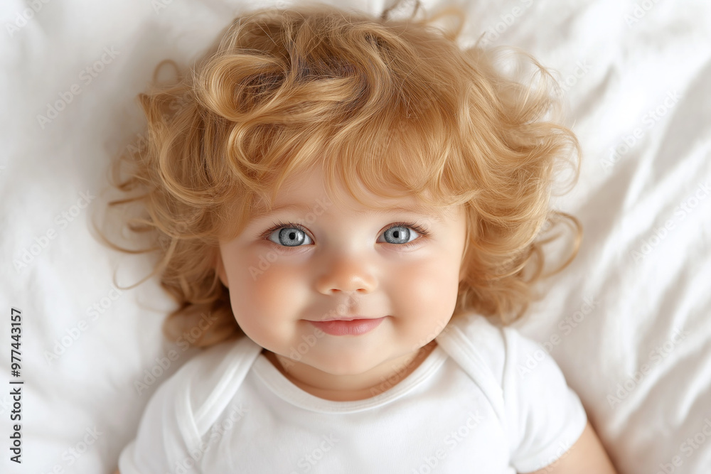 Happy Little Toddler Baby Girl Smiling Lying On The Bed On A White Sheet At Home Looking At The Camera Happy Little Toddler Baby Girl Smiling Lying On The Bed On A White Sheet At Home Looking At The Camera