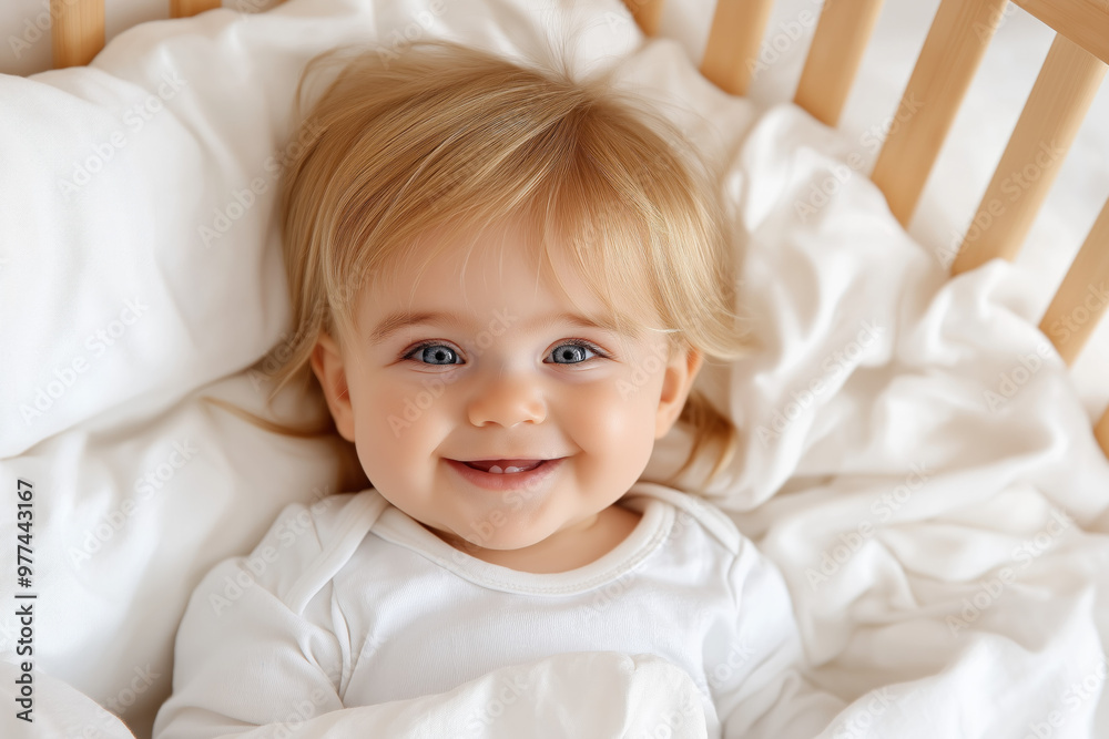 Happy Little Toddler Baby Girl Smiling Lying On The Bed On A White Sheet At Home Looking At The Camera Happy Little Toddler Baby Girl Smiling Lying On The Bed On A White Sheet At Home Looking At The Camera