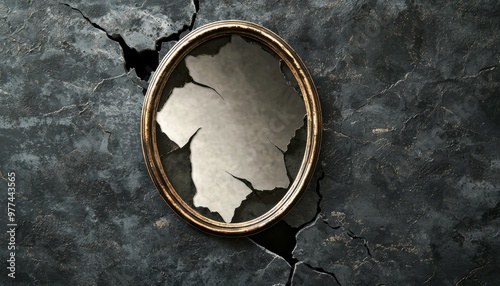 A cracked, worn-out vintage mirror with a faded reflection, surrounded by grunge elements like tarnished metal, ink stains, and decayed surfaces photo