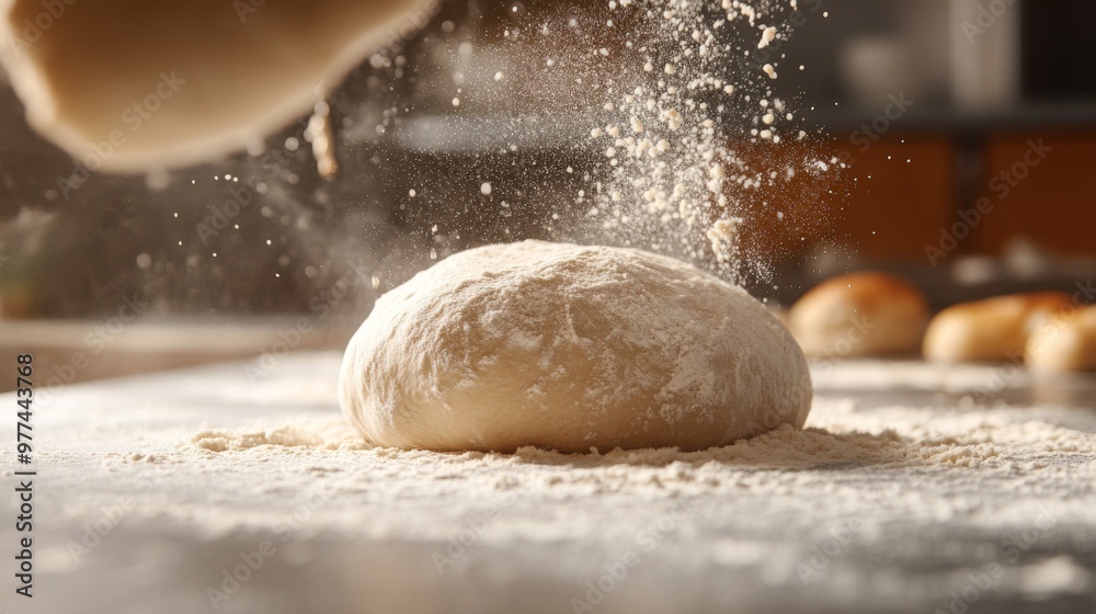 A dynamic shot of bread dough being kneaded on a floured countertop, with a focus on the texture and process of making fresh bread loaves from scratch A dynamic shot of bread dough being kneaded on a floured countertop, with a focus on the texture and process of making fresh bread loaves from scratch
