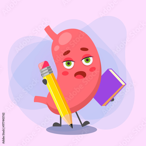 Stomach cartoon character with book and pencil vector illustration. Digestive human organ. Health care, nutrition, education concept for banner or web design