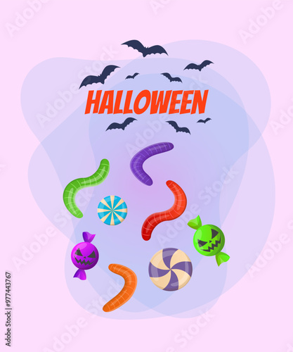 Wallpaper Mural Sweets in shape of worm for Halloween treats. Halloween lettering with flying bats on abstract background. Celebration, party concept. Vector illustration for invitation, banner or poster Torontodigital.ca