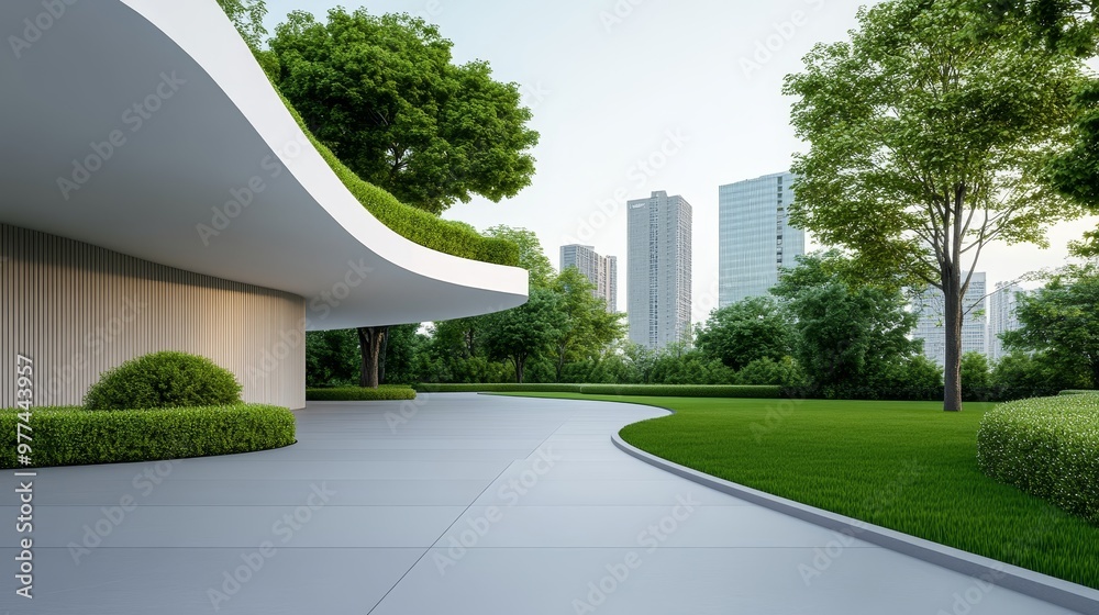 Naklejka premium Green urban park with sustainable architecture, depicting an eco-friendly economy through modern design and environmentally conscious planning. Natural landscapes and community spaces in city setting.