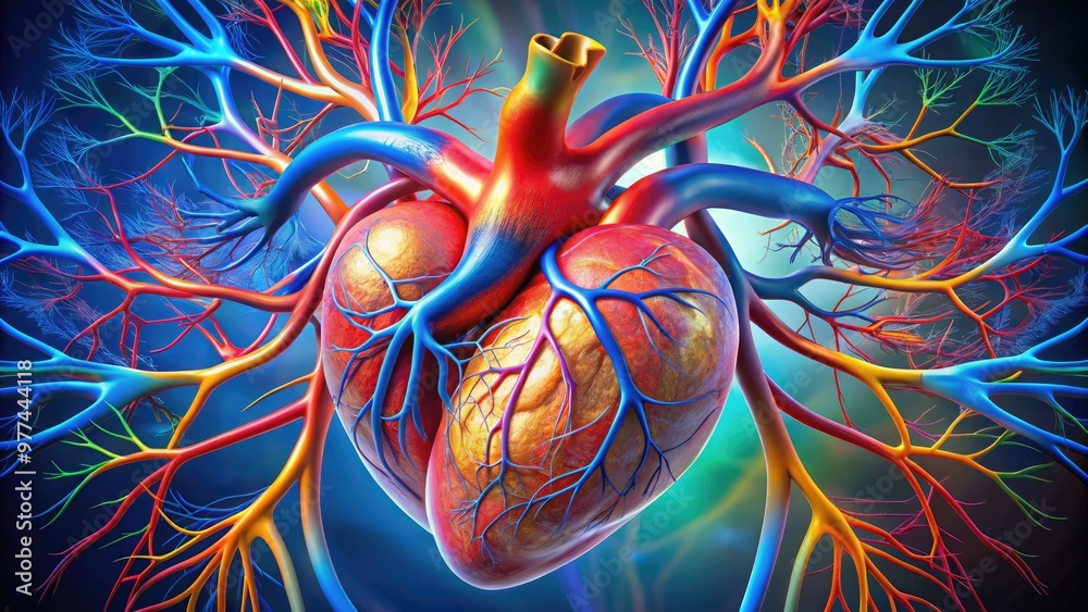 Colorful illustration of the coronary artery anatomy, showcasing the ...