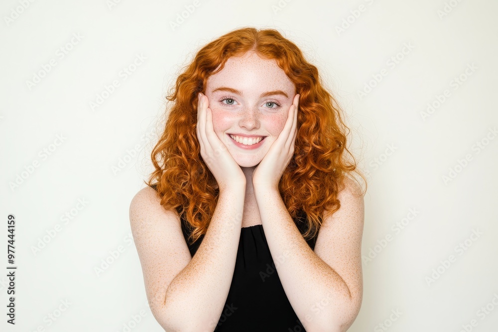 Against a plain white background, a child holds hands to their faces and looks at the camera Against a plain white background, a child holds hands to their faces and looks at the camera