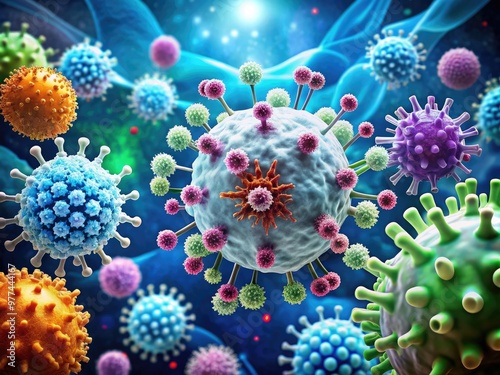 Colorful illustrations of white blood cells, viruses, and antibodies form a stylized representation of the human immune system, emphasizing defense and protection against disease.