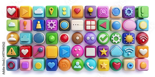 Colorful interchangeable icons of various shapes and sizes, isolated on a white background, representing customization and flexibility in modern digital design and communication. photo