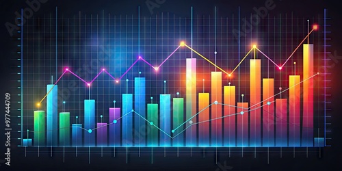 Colorful line graphs and bar charts on a dark background, showcasing statistical data and trends, with bright colors and sleek modern design elements.