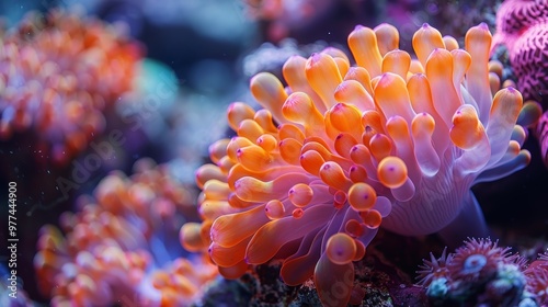 Close-up of vibrant sea anemones in an underwater coral reef setting.