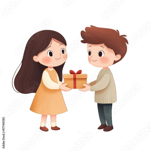 Cheerful children exchanging a beautifully wrapped gift, symbolizing joy and friendship in a colorful and playful setting. transparent background