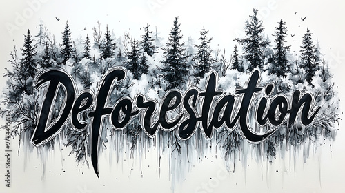 Emphasizing deforestation, this image features the word 'Deforestation' with artistic text in a forest scene, highlighting the stark contrast between nature and human encroachment. photo