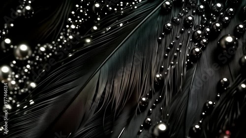 Close-up of black feathers with reflective silver droplets on smooth dark background, elegant and abstract