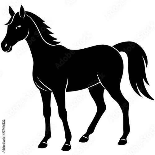 Stylized black horse silhouette walking gracefully against a white background copy space photo