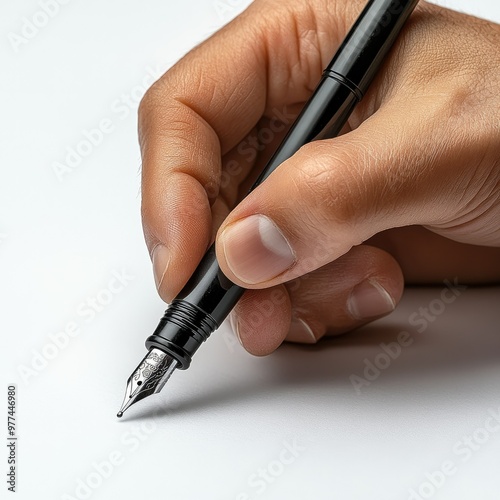 Simple black pen placed on a white background with a person writing