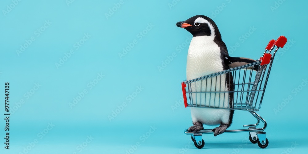 Obraz premium Playful Penguin Shopping - Cute penguin standing with shopping cart against light blue backdrop.