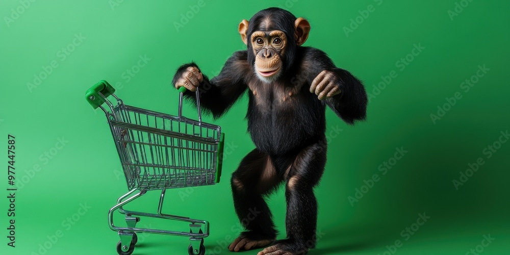 Fototapeta premium Curious Monkey with Shopping Cart on Green Background