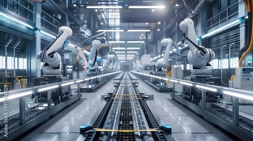 Advanced electric vehicle battery production line with robotic arms assembling lithium-ion cells. Futuristic factory interior featuring conveyor belts, technicians in clean room suits, high-tech machi photo