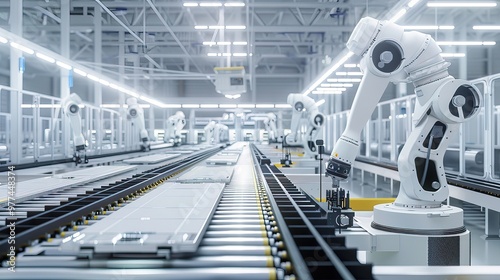 Advanced electric vehicle battery production line with robotic arms assembling lithium-ion cells. Futuristic factory interior featuring conveyor belts, technicians in clean room suits, high-tech machi