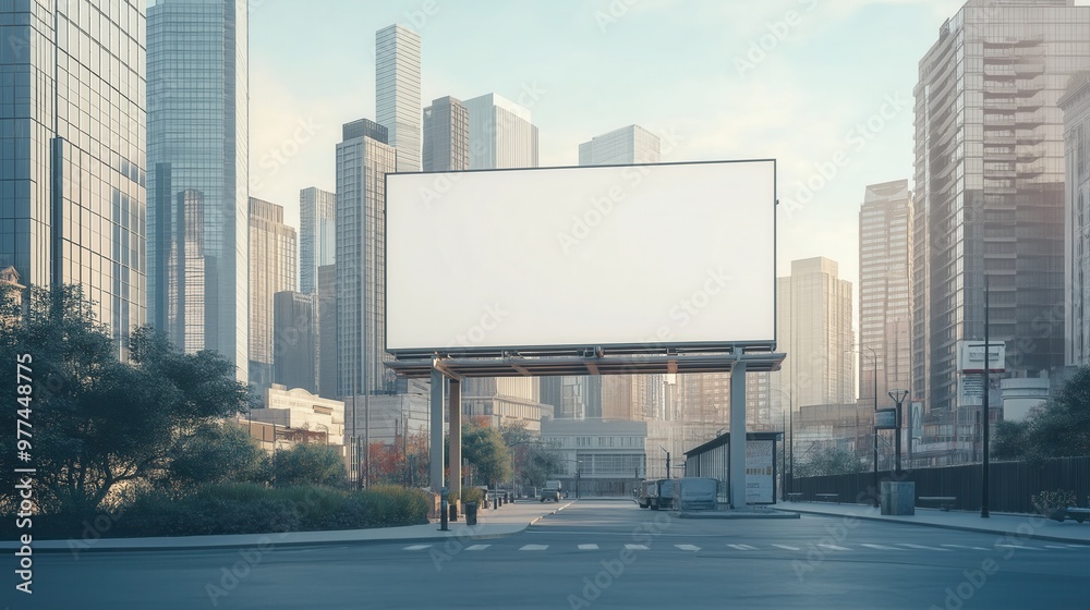 Blank Billboard in Urban Cityscape with Skyscrapers Blank Billboard in Urban Cityscape with Skyscrapers
