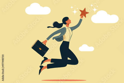 Illustration of a career woman who reaches for the stars and achieves them, as an achievement of business success