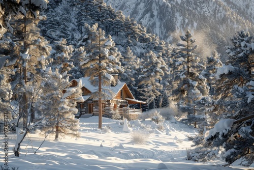 Cozy snow-covered cabin nestled in a serene winter forest landscape with sunlight filtering through trees, Ai Generation