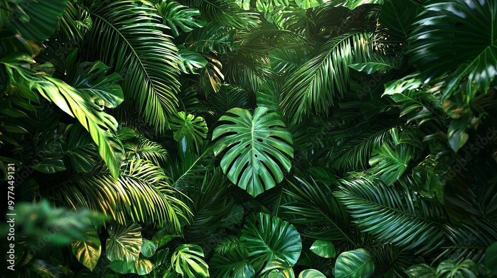 A lush and vibrant scene of dense jungle foliage featuring various large green leaves, capturing the raw beauty and diversity of tropical rainforests. A lush and vibrant scene of dense jungle foliage featuring various large green leaves, capturing the raw beauty and diversity of tropical rainforests.