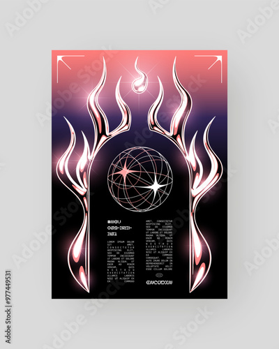 Futuristic Abstract Cyberpunk Poster Design. Silver Chrome, 2000s, shiny metallic surface. Neo tribal shape. Gothic Y2K sharp element, Cyber sigilism aesthetic.