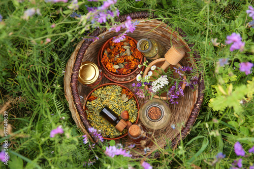 Different ingredients for tincture, mortar and pestle in wicker basket on green grass outdoors, top view photo