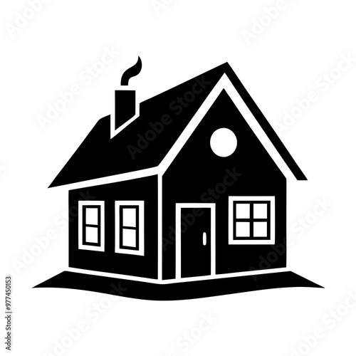 Stylized black house silhouette with a chimney and windows on a white background copy space