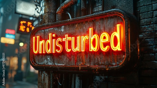 This image features a glowing neon sign reading 'Undisturbed' in a damp urban alley with wet surfaces and vibrant neon lighting, evoking an atmosphere of mystery and solitude. photo