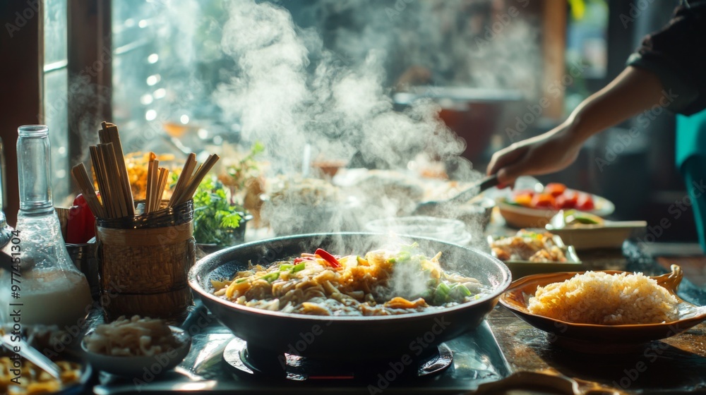 A high-quality image of a breakfast scene featuring being served at a table, with steam rising from the pan and a variety of traditional Thai accompaniments. A high-quality image of a breakfast scene featuring being served at a table, with steam rising from the pan and a variety of traditional Thai accompaniments.