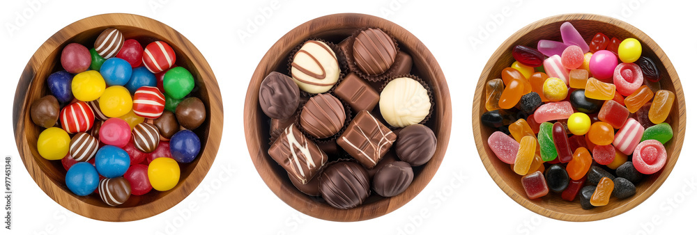 wooden bowls of candies, lollies, and chocolates, flat lay top view, isolated against a transparent background wooden bowls of candies, lollies, and chocolates, flat lay top view, isolated against a transparent background