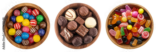 wooden bowls of candies, lollies, and chocolates, flat lay top view, isolated against a transparent background