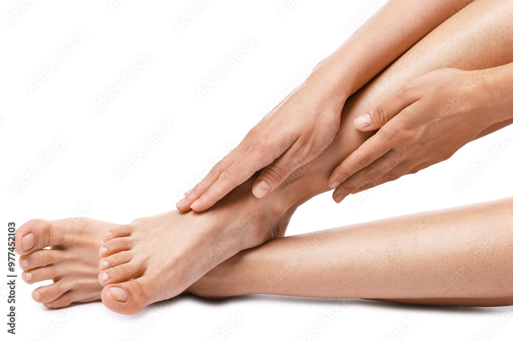 Woman touching her smooth legs on white background, closeup Woman touching her smooth legs on white background, closeup