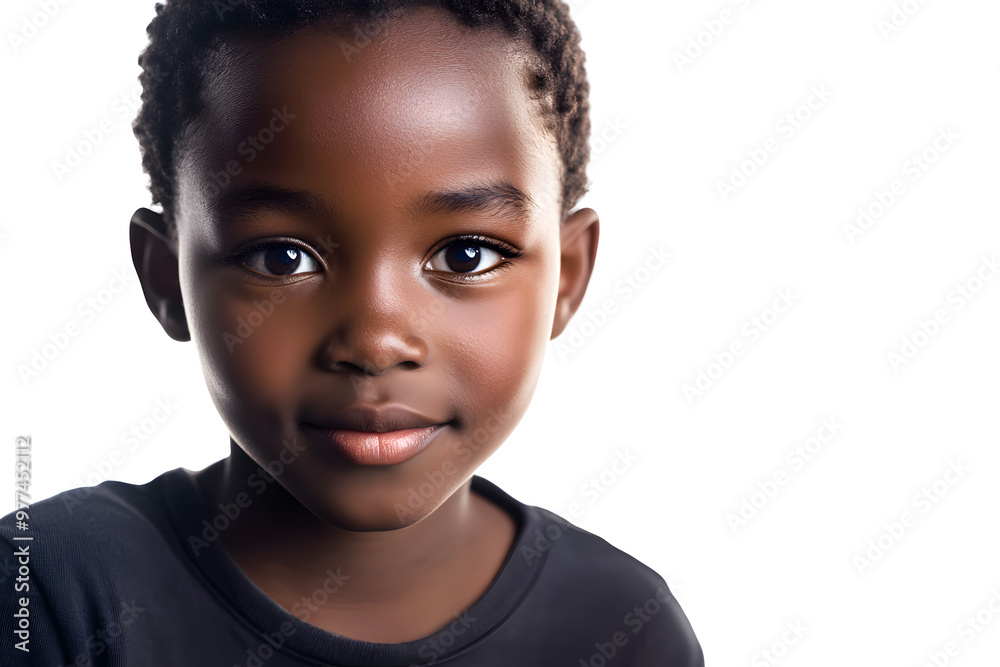 A close-up portrait of an African small boy with black skin against a white background A close-up portrait of an African small boy with black skin against a white background