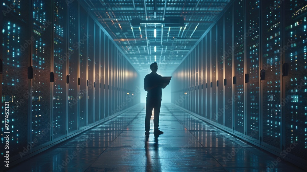 Futuristic Concept: Data Center Chief Technology Officer Holding Laptop, Standing In Warehouse, Information Digitalization Lines Streaming Through Servers.