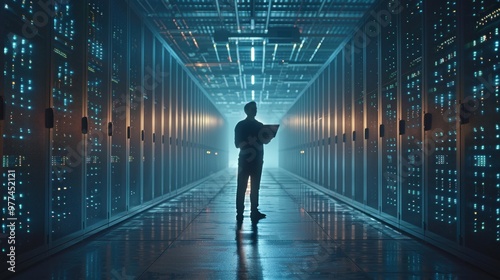 Obraz na płótnie Futuristic Concept: Data Center Chief Technology Officer Holding Laptop, Standing In Warehouse, Information Digitalization Lines Streaming Through Servers. w salonie