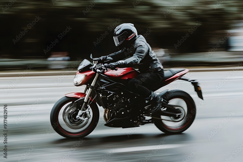 rider racing with sport motorcycle at full sped on the road while wearing safety gear and helmet rider racing with sport motorcycle at full sped on the road while wearing safety gear and helmet