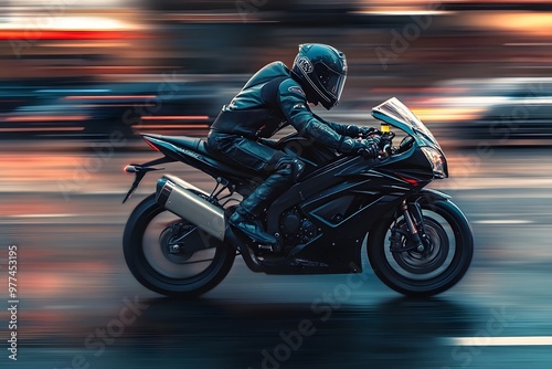 rider racing with sport motorcycle at full sped on the road while wearing safety gear and helmet