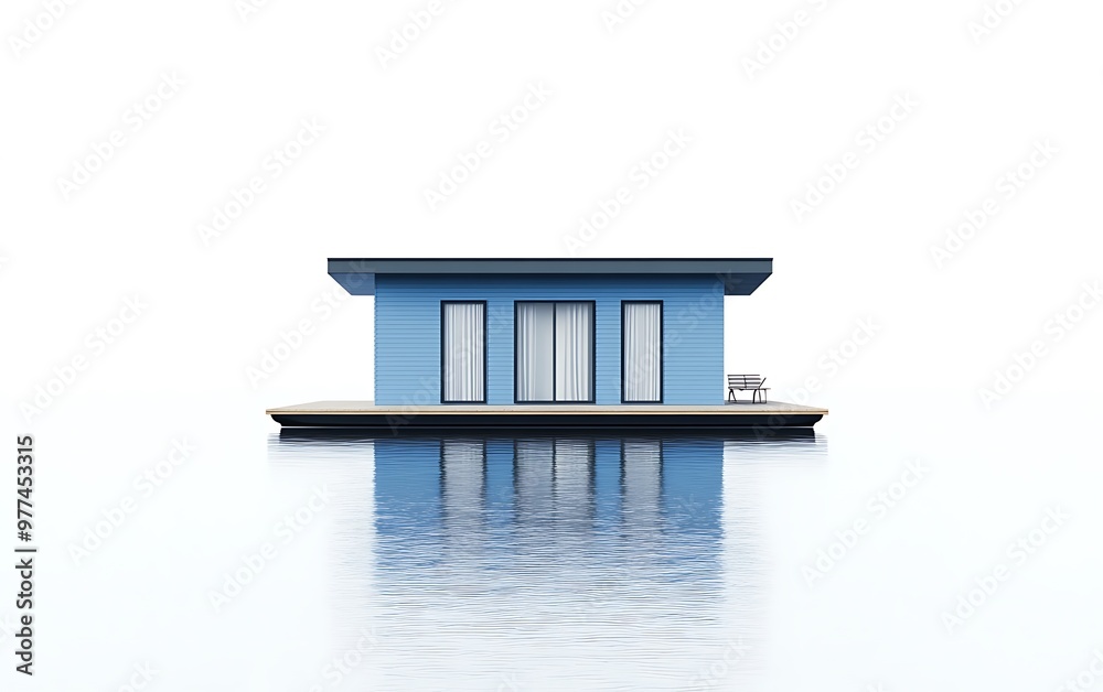 Tranquil Minimalist Blue Floating House in Soft Light on White Background Tranquil Minimalist Blue Floating House in Soft Light on White Background