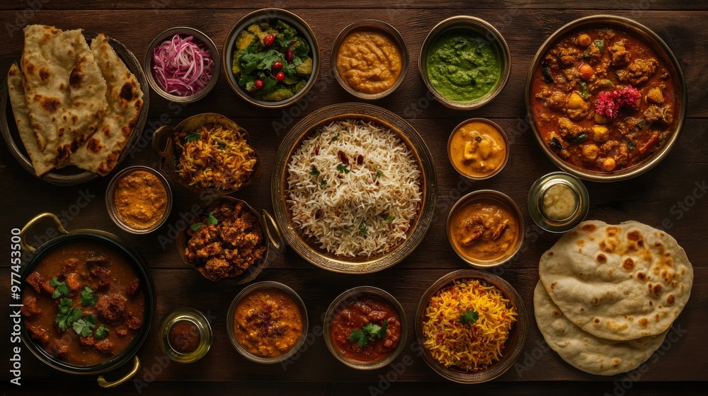A high-quality image of a traditional Indian feast with various curries, biryani, raita, and naan, set on a beautifully decorated dining table. A high-quality image of a traditional Indian feast with various curries, biryani, raita, and naan, set on a beautifully decorated dining table.
