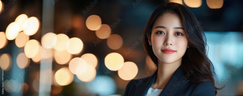 A confident woman poses against a blurred background of warm lights, embodying professionalism and elegance in a modern setting. A confident woman poses against a blurred background of warm lights, embodying professionalism and elegance in a modern setting.