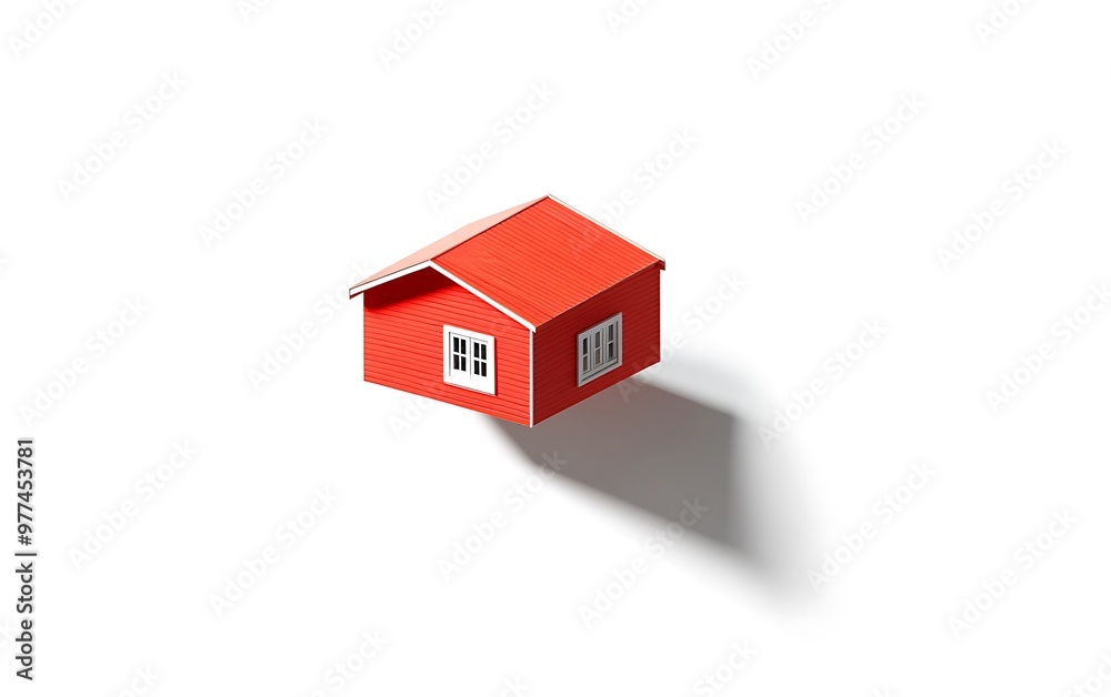 Modern Minimalist Red Floating House in Harsh Lighting Top View on White Background Modern Minimalist Red Floating House in Harsh Lighting Top View on White Background