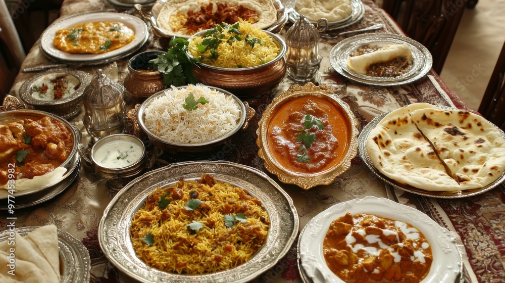 A high-quality image of a traditional Indian feast with various curries, biryani, raita, and naan, set on a beautifully decorated dining table. A high-quality image of a traditional Indian feast with various curries, biryani, raita, and naan, set on a beautifully decorated dining table.