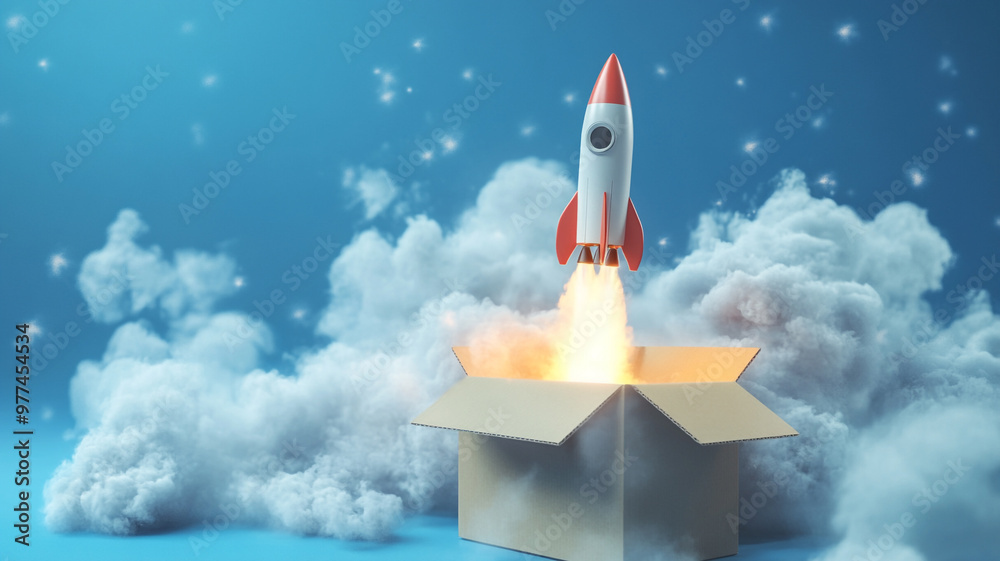 Fototapeta premium a rocket flying out from a cardboard box with smoke. - a creative idea concept.