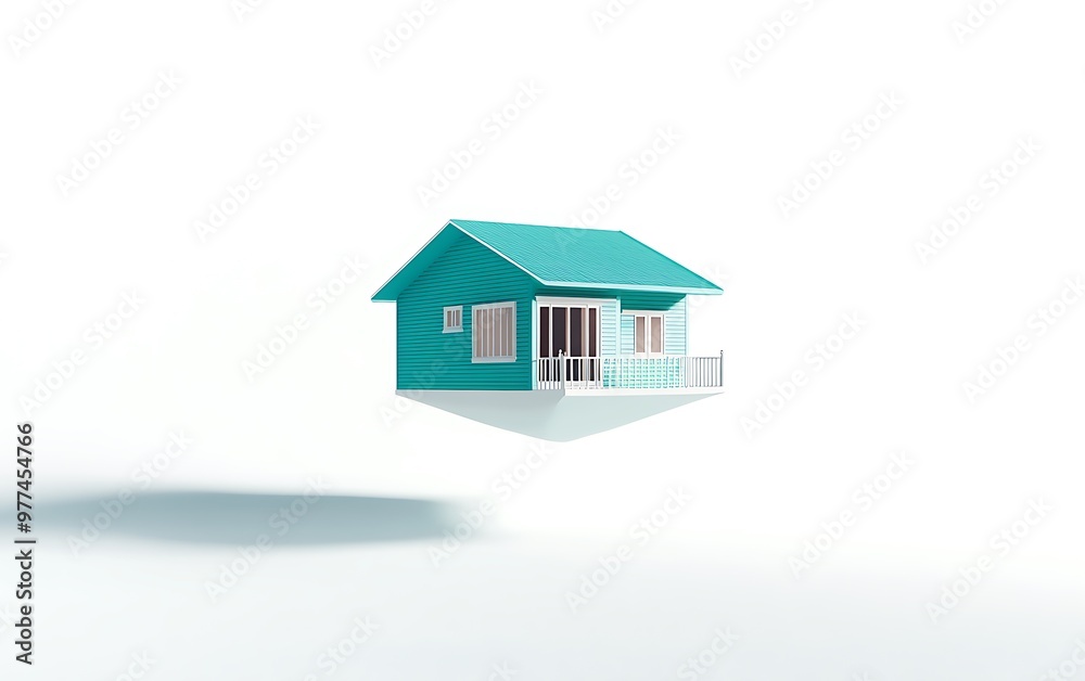 Tranquil Minimalist Turquoise Floating House on White Background with Soft Shadows and Clean Focus Tranquil Minimalist Turquoise Floating House on White Background with Soft Shadows and Clean Focus