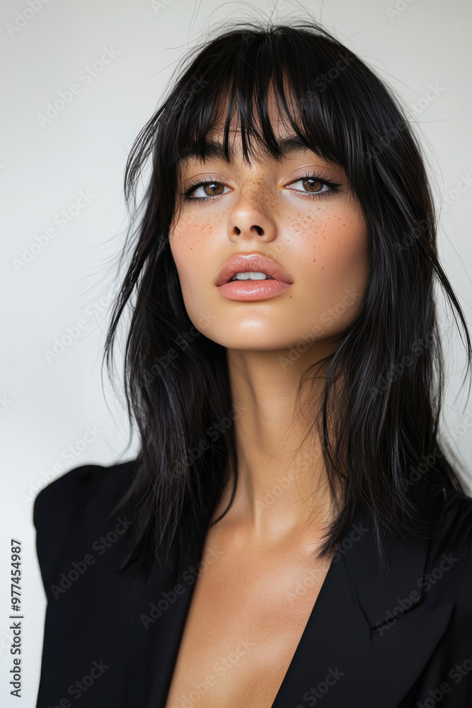 Belle jeune femme brune aux cheveux longs avec frange en tailleur noir Belle jeune femme brune aux cheveux longs avec frange en tailleur noir