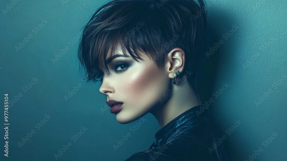 A high-quality image of a woman with a trendy pixie cut, showcasing a bold and edgy look with well-defined layers and a stylish finish. A high-quality image of a woman with a trendy pixie cut, showcasing a bold and edgy look with well-defined layers and a stylish finish.