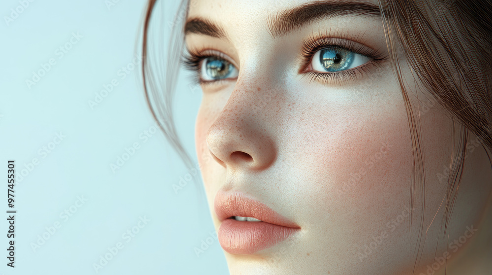 Close-up portrait of a young woman with captivating blue eyes and soft, natural features against a light background.