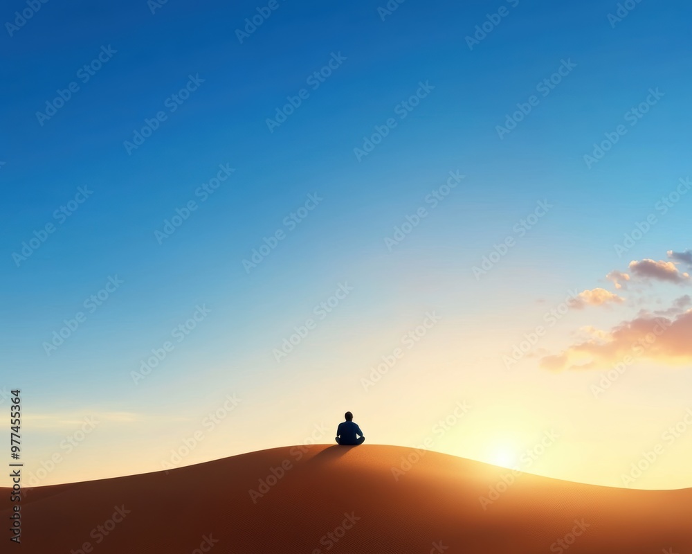 A serene moment of solitude as a person meditates on a sand dune during sunset, capturing peace and tranquility in nature. A serene moment of solitude as a person meditates on a sand dune during sunset, capturing peace and tranquility in nature.